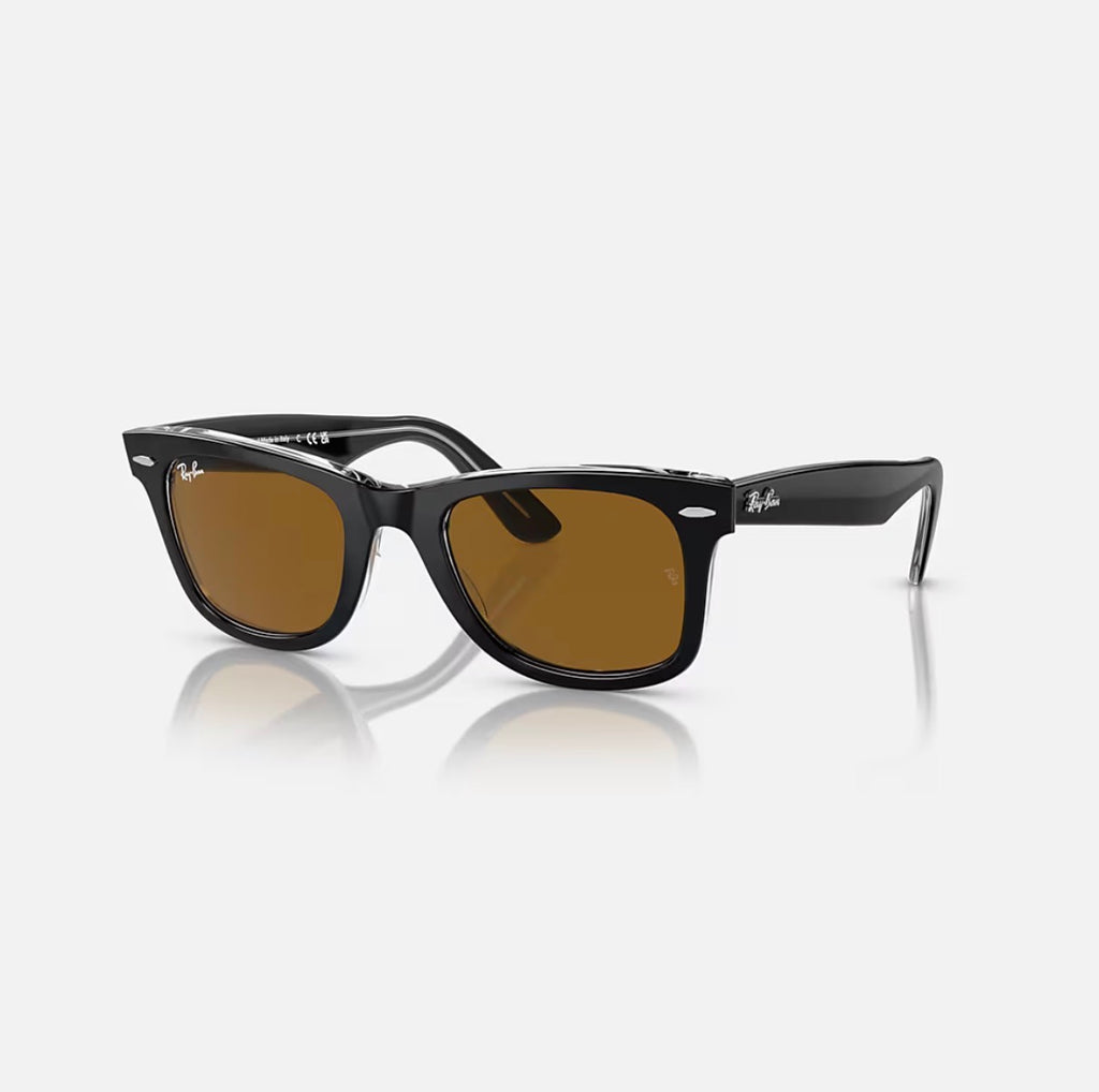 WAYFARER BLACK ON TRANSPARENT w/ BROWN ACETATE UNISEX SUNGLASS 0RB2140 129433